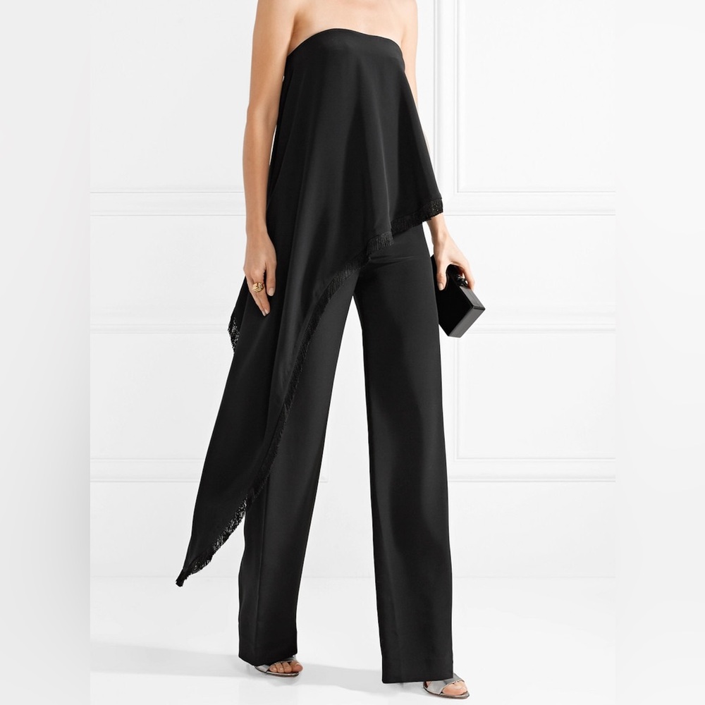 Adam Lippes Fringe-Trimmed Crepe & Silk-Satin Black Jumpsuit